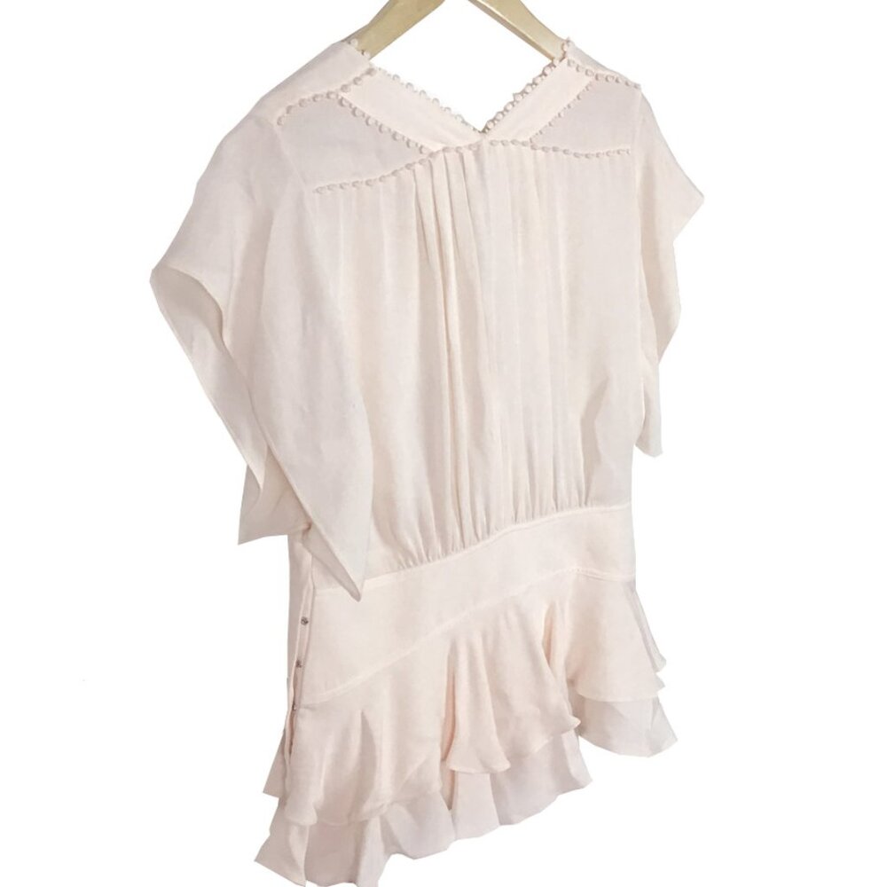 Rebecca Taylor - Pale Pink Short Sleeve Ruffled Silk Blouse w Embroidered Trim - Picture 5 of 13